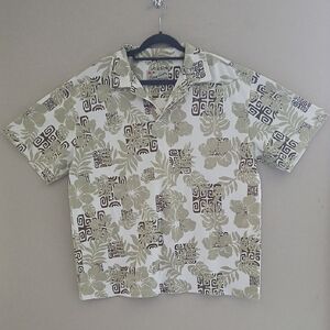 Crazy Shirts Green and White Casual Button Down Shirt‎ with Geometric Print Sz L